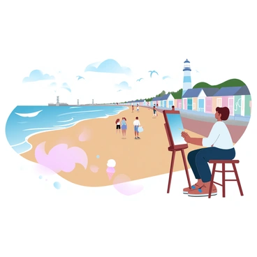 An artist is painting a picturesque scene of a British seaside town. Colorful beach huts line the sandy shore, each painted in different bright hues. The artist is sitting on a stool, focused on capturing the details of the scene in front of them. Gentle waves lap against the shore, and seagulls can be seen flying in the sky. There are people strolling along the promenade, some with ice cream cones, enjoying the sunny day. A lighthouse stands tall in the background, adding to the coastal charm. The overall atmosphere is vibrant and filled with life.