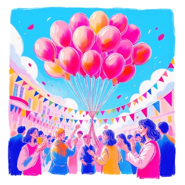 A big bunch of red balloons is gathered together, their bright color standing out against the blue sky. The balloons are tied with colorful strings and are being released at a festive celebration. In the background, there are party decorations, including colorful banners and streamers. People can be seen smiling and enjoying the event, some clapping their hands in excitement as the balloons float higher. The atmosphere is filled with joy and celebration.
