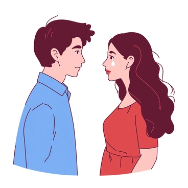 Two people stand facing each other, their eyes filled with tears. The first person has short brown hair and is wearing a blue shirt, while the second person has long black hair and is dressed in a red dress. Their expressions convey deep emotion, and the tears glisten as they reflect their shared experience. The background is softly blurred, emphasizing their connection and the intensity of the moment.