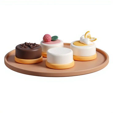 A round, elegant platter displaying a collection of miniature gateaux. Each gateau is crafted in a unique flavor and style, including chocolate, vanilla, raspberry, and lemon. The chocolate gateau is adorned with dark chocolate shavings, while the vanilla gateau is topped with a light dusting of powdered sugar. The raspberry gateau features a glossy raspberry glaze and fresh berries on top, and the lemon gateau is garnished with a thin slice of lemon and a swirl of lemon cream. The platter is set on a polished wooden surface, enhancing the vibrant colors and textures of the gateaux.