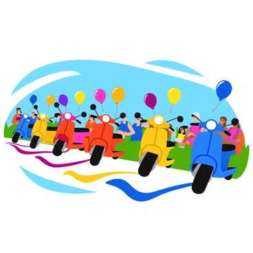 A parade of scooters decorated with balloons and streamers for a festive celebration