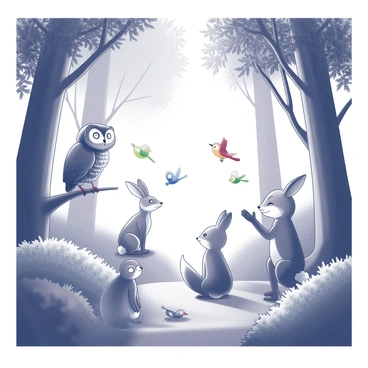 A dense forest filled with large trees and thick underbrush. Sunlight filters through the leaves, casting intricate shadows on the forest floor. Various animals are gathered together, engaging in conversation. A wise old owl perches on a low branch, its large eyes observing the others. A playful fox sits on its haunches, ears perked up, eagerly listening. Nearby, a curious rabbit stands on its hind legs, gesturing with its front paws as if excitedly sharing a story. A group of colorful birds flutters above, chirping cheerfully, while a deer peeks out from behind a bush, its head tilted as if intrigued by the discussion. The scene is lively, filled with the essence of communication and companionship among the animals. Each character is distinct and expressive, contributing to a sense of wonder and whimsy. 