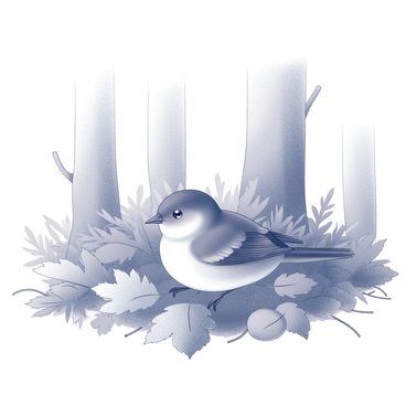 A small bird lying peacefully on a forest floor surrounded by fallen leaves