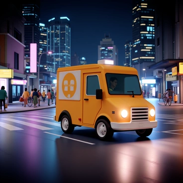 A delivery car, painted in bright yellow with a large logo on the side, drives through a bustling city at night. The streets are illuminated by colorful neon lights reflecting off the wet pavement. The car's headlights are brightly shining, cutting through the darkness. In the background, skyscrapers with glowing windows rise against the night sky. People can be seen walking on the sidewalks, and a few bicycles are parked nearby. The atmosphere is lively, with the sounds of the city echoing in the background as the delivery service continues its operations.