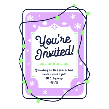 A holiday party invitation featuring a decorative border. The background is adorned with multiple snowflakes of various sizes scattered across the surface. In one corner, a string of twinkling lights is illustrated, creating a festive atmosphere. The center of the invitation contains the text "You're Invited!" in an elegant font. Below this, the details of the party, including date and location, are presented in a clear and inviting manner.