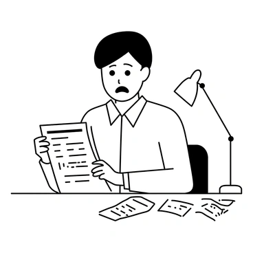 A person sitting at a desk, looking intently at a credit score report in their hands. Their facial expression shows a mix of confusion and concern, with furrowed brows and slightly open lips. The desk is cluttered with papers and a calculator, which is positioned to the right side. The person is wearing a button-up shirt, and their hair is styled in a practical way. A lamp is casting light onto the desk, highlighting the report while the background remains less defined.