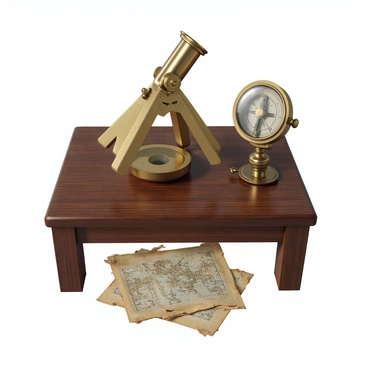 A wooden table with a rich, dark finish is set against a neutral background. On the table, there is a vintage sextant, made of brass with intricate engravings and a polished surface reflecting light. Next to the sextant, an antique compass is displayed, featuring a glass cover and a brass casing with a tarnished patina. The compass needle is pointing north, and the markings on its face are clear and distinct. Scattered around the sextant and compass are a few aged navigational charts, showing worn edges and detailed maps of the oceans. The overall composition highlights the historical significance of these optical instruments.