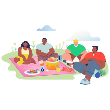 A group of four friends is sitting on a large, colorful blanket spread out on a sunny meadow. There are two women and two men, all dressed in casual summer clothing. One woman has curly brown hair and is wearing a yellow dress, while the other woman has straight black hair and is in a light blue tank top and shorts. One man has short blond hair and is wearing a green t-shirt, and the other man has dark hair and is in a red polo shirt. 

Around them, there are various picnic items laid out, including a large basket filled with fruits like apples and grapes, sandwiches wrapped in colorful paper, and a bright red checkered cloth with a jar of lemonade. A small Bluetooth speaker is placed nearby, and a few colorful cups are scattered around the blanket. In the background, the meadow is filled with green grass and blooming wildflowers under a clear blue sky.