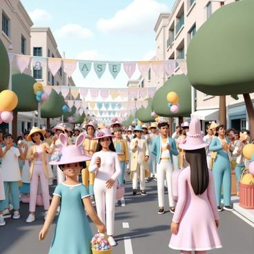 A vibrant Easter parade takes place on a bustling city street, filled with people wearing colorful and festive hats adorned with flowers, ribbons, and decorative elements. Men and women dress in elaborate costumes, featuring pastel colors and playful designs, while some carry decorative baskets filled with Easter eggs. The street is lined with cheering spectators, clapping and waving as the parade progresses. Balloons float in the air, adding to the festive atmosphere, while a variety of banners displaying "Happy Easter" and other celebratory messages can be seen along the route.
