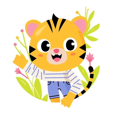 A child wearing a vibrant orange and black tiger mask, with large eyes and pointed ears, is peeking through the eye holes of the mask. The child's actual face shows a delighted expression, with bright, curious eyes and a wide smile. The background is filled with green leaves and colorful flowers, creating a playful environment. The child is dressed in casual clothing, with hints of stripes to match the tiger theme.