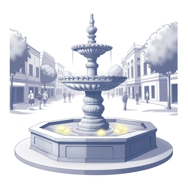 A wishing fountain located in a town square, featuring ornate stonework with intricate carvings. The fountain has multiple tiers, with water cascading gently from the top level to the lower basins. Surrounding the fountain, there are several coins scattered across the surface of the water, each coin glowing softly, symbolizing wishes granted as blessings. The square is bordered by charming buildings, with pedestrians strolling nearby, some stopping to admire the fountain. A few trees are planted around the square, providing areas of shade. The overall composition captures the essence of a lively town square scene.