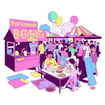A vibrant carnival food court is filled with a diverse crowd of delighted people. There are colorful stalls selling a variety of foods, including cotton candy, popcorn, and hot dogs. To the left, a stall is adorned with bright banners showcasing "Fresh Lemonade" in bold letters, while a vendor squeezes lemons to prepare a refreshing drink. Children are laughing and sharing cotton candy that is fluffy and pink. In the center, a family is gathered around a table enjoying their meals, with plates of nachos and burgers. Balloons in various shapes and colors are floating above the heads of the crowd, adding to the festive atmosphere. The ground is covered with colorful mats and light decorations that enhance the lively scene.