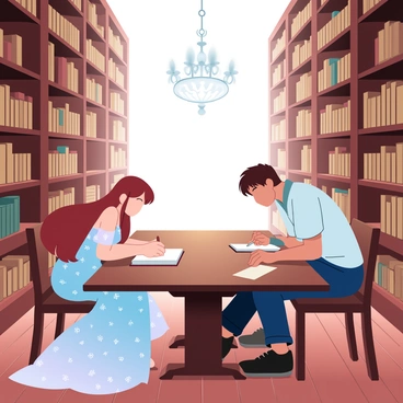 Two anime characters are seated at a large wooden table in an ancient library. The first character, a young woman with long, flowing hair, is focused on an open book in front of her. She wears a long, flowing dress adorned with intricate patterns. The second character, a young man with short hair, is leaning over a thick tome, scribbling notes on a piece of parchment. Towering bookshelves filled with old, leather-bound books surround them, creating a cozy yet grand atmosphere. A soft glow from ornate chandeliers illuminates the space, casting gentle shadows on the rich wooden floor.