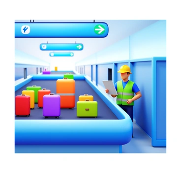 A worker wearing a high-visibility vest is inspecting conveyor belts in an airport baggage reclaim area. The conveyor belts are lined with various pieces of luggage, including colorful suitcases and travel bags. The background features a well-lit airport environment with overhead signs directing passengers. The worker is holding a clipboard and looking closely at the machinery, ensuring everything is functioning properly.