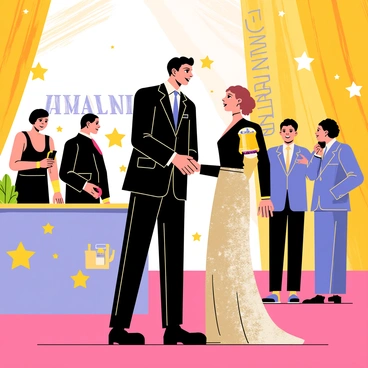 A tall soccer player, "Haaland," stands in a formal black suit with a crisp white shirt. He is smiling as he shakes hands with a famous celebrity, who is wearing an elegant, sparkling gown. The event is decorated with golden star motifs and colorful light reflections, creating a vibrant atmosphere. A large banner in the background reads, "Award Show," while photographers capture the moment. Other attendees in stylish outfits are mingling nearby, adding to the lively ambiance of the award show.