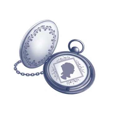 An antique locket displayed in a partially open state. The locket exhibits intricate engravings on its surface, featuring floral patterns and swirls. The interior reveals a hidden portrait, visible just enough to make out a silhouette of a person. The portrait is framed by a delicate border, adding an element of elegance. The locket is hanging from a chain, which is draped elegantly beside it, creating a sense of nostalgia and mystery.