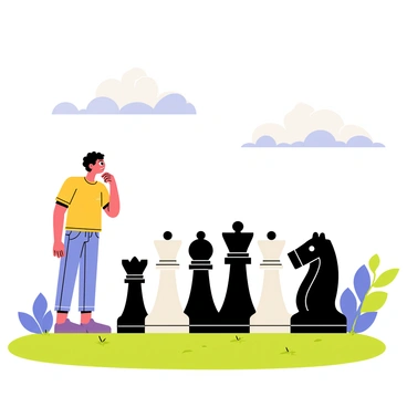 An individual standing next to a large chessboard with oversized pieces on a grassy field. The person has dark hair and is wearing a casual outfit, looking intently at the black and white chess pieces. The chess pieces are much larger than the individual, with intricate designs and shiny surfaces. The sky above is bright with a few fluffy clouds, creating a vivid and engaging scene. The individual appears focused, with one hand raised to their chin, as if deep in thought about their next move.
