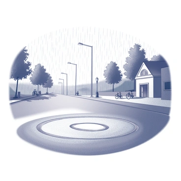 A street scene with a smooth surface reflecting the surroundings. Raindrops are falling gently from the sky, creating concentric ripples in a puddle on the ground. The street is lined with several trees, their leaves glistening with moisture. A few parked bicycles can be seen along the edge, with a nearby lamppost casting a soft shadow. A small, quaint building with a covered entrance is present in the background, partially obscured by the falling rain.