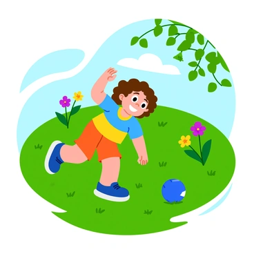 A child with curly brown hair is doing a playful crab walk in a grassy backyard. The child is wearing a colorful t-shirt and shorts, and has a big smile on their face. Sunlight filters through green leaves overhead, casting dappled shadows on the ground. Nearby, a blue ball rests on the grass, and a few colorful flowers bloom around the yard. The scene captures the joy of play in a vibrant and lively setting.
