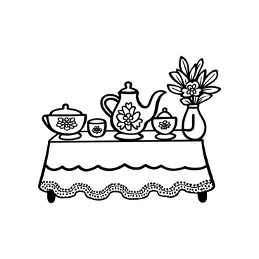 A detailed tea set with floral patterns displayed on a table. The tea set includes a teapot, sugar bowl, and cups, each intricately designed with various flowers. The table is set with a delicate lace tablecloth underneath the tea set, enhancing the elegance of the arrangement. A small vase with a bouquet of flowers sits nearby, complementing the tea set's design.