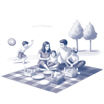 A family of four sitting on a checkered blanket spread out on the grass. The mother and father are smiling, while two children are playing nearby with a frisbee. There are baskets filled with various foods such as sandwiches, fruits, and drinks placed on the blanket. A picnic spread with plates and utensils is organized on the blanket, and a few trees provide shade in the background. The sky is clear, and the sun is shining, creating a cheerful atmosphere.
