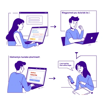 A sequence of four panels illustrating the steps of signing up for a subscription service. In the first panel, a person is sitting at a desk with a laptop open, displaying the homepage of the subscription service. The laptop screen is brightly lit. In the second panel, the person is filling out a sign-up form on the laptop, with a focused expression on their face. The screen shows fields for entering an email and password. In the third panel, the person is clicking the "Subscribe" button, with confirmation text appearing on the laptop screen in bright colors. Finally, in the fourth panel, the person is smiling while looking at their phone, which displays a welcome message from the subscription service. Each panel is framed with distinct outlines to create a clear sequence.