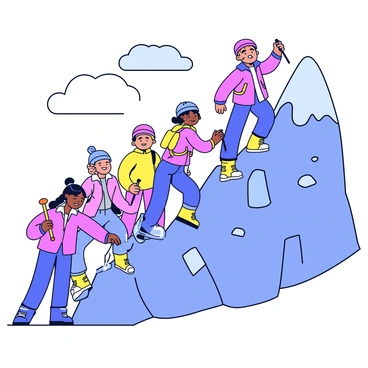 A group of diverse people is shown working together to climb a steep mountain. Each person is wearing different types of outdoor gear, including colorful jackets, helmets, and sturdy hiking boots. The mountain is rugged with rocky surfaces and patches of snow near the summit. The sky above is bright with a few fluffy clouds. Some climbers are helping each other by holding ropes, while others are using walking sticks for support. Their expressions reflect determination and teamwork as they ascend the challenging terrain.