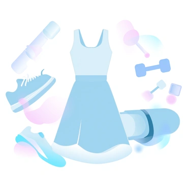 A stylish dress in a soft pastel hue is displayed prominently in the center of the image. The dress features a fitted bodice and a flared skirt, designed for active movement. Surrounding the dress are sporty accessories including a pair of sleek running shoes, a matching gym bag, and a smartwatch. Behind the dress, gym equipment such as dumbbells and a yoga mat can be seen, creating an active atmosphere. The overall scene incorporates gradient pastel colors, adding a modern and fresh touch to the gym environment.