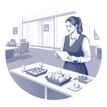 An event planner standing at a neatly arranged table, where several "name tags" are displayed prominently. The planner is reviewing a checklist while wearing a professional outfit, and there is a selection of "refreshments" elegantly laid out on the table, including platters of food and drinks. The background features a well-lit room set up for the "professional networking event," with chairs neatly arranged and a banner indicating the event name hanging on the wall.
