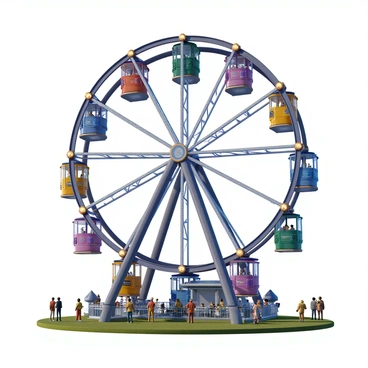 A large, colorful ferris wheel with multiple cabins, each uniquely painted in vibrant colors. Each cabin features a sign displaying a different financial concept, such as "Investment," "Savings," "Stock Market," "Budgeting," and "Debt Management." The background includes a clear blue sky, and the ferris wheel stands prominently in an amusement park setting, surrounded by cheerful people enjoying the day. The design of the wheel is intricate, showcasing detailed metalwork and bright lights decorating the structure.