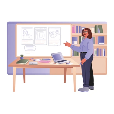 A digital flat illustration featuring an illustration tutor standing in front of a large whiteboard. The tutor is a middle-aged woman with glasses and curly brown hair, wearing a light blue blouse and dark jeans. She is holding a marker and gesturing towards a simple comic strip design on the whiteboard. The comic strip consists of three panels, each containing hand-drawn characters and a speech bubble with sample dialogue. On the table in front of the tutor are various art supplies, including colored markers, paper, and a laptop. In the background, there are bookshelves filled with art books and reference materials.