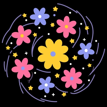 A swirling galaxy with a dark background is composed of vibrant blossoms in various colors. The blossoms are in shades of pink, purple, and blue, creating a dynamic and colorful spiral pattern. The petals of the flowers radiate outward, resembling stars scattered in the cosmos. In the center of the galaxy, a cluster of large, bright yellow flowers serves as a focal point, surrounded by smaller blossoms. The overall shape of the galaxy is fluid and circular, giving the impression of motion and energy within the floral arrangement.