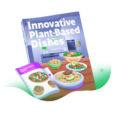 A magazine cover displaying the words "Innovative Plant-Based Dishes" in large, bold letters at the top. The background features a sleek modern kitchen with stainless steel appliances and ample natural light. In the foreground, an assortment of colorful plant-based dishes is artistically arranged on a wooden table. There are vibrant salads with mixed greens, roasted vegetables, and a gourmet grain bowl topped with avocado and seeds. Each dish is garnished with fresh herbs, showcasing a variety of textures and colors. A cookbook with a beautifully designed cover lies open next to the dishes, inviting viewers to explore the recipes.