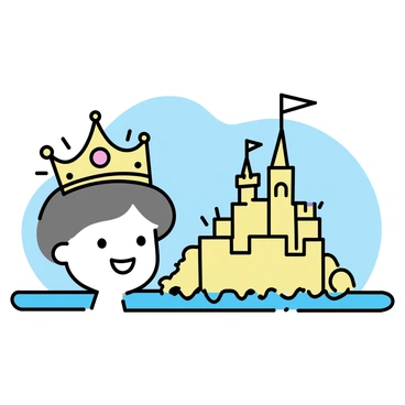 A child, around six years old, is wearing a shiny gold crown adorned with colorful jewels. The child has short brown hair and is smiling broadly while standing beside a large, intricately designed sandcastle with tall towers and a moat surrounding it. The background features a clear blue sky and gentle waves lapping at the shore. The sandcastle is decorated with seashells and small flags.