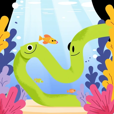 A green moray eel with textured skin is coiled among vibrant coral formations. Its head is slightly protruding from a crevice, with large eyes focused intently on a small, delicate seahorse swimming gracefully nearby. The seahorse has a bright orange hue with intricate patterns on its body and is floating gently in the water. Surrounding them are colorful fish, adding to the lively underwater scene. Sunlight filters through the water, creating shimmering patterns on the ocean floor.