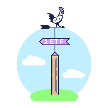 A traditional wind vane is positioned on top of a wooden post. The wind vane features a rooster figure at the top, with ornate details on its feathers. Below the rooster, the letters "ETF" are prominently displayed on a metal arrow, clearly indicating the direction of the wind. The background includes a blue sky with soft, fluffy clouds, and a distant horizon line is visible. The scene is set against a grassy field, adding to the rustic charm of the wind vane.