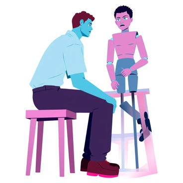 A ventriloquist with short brown hair and wearing a light blue shirt is seated on a wooden stool. He has an intense gaze directed towards his wooden dummy, which is perched on his knee. The dummy has a finely crafted face with intricate details, including deep-set eyes that convey a piercing, unnervingly human expression. Its mouth is slightly open, as if caught mid-sentence, and the texture of the wood reflects a glossy finish. The background is softly blurred to emphasize the relationship between the ventriloquist and the dummy, creating a focal point on their interaction.