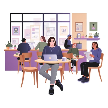 A digital flat illustration depicting a freelancer sitting at a small round table in a bustling London café. The freelancer is a young woman with light skin and shoulder-length curly hair, wearing a navy blue sweater and gray jeans. She is focused on her laptop, which is open in front of her, displaying colorful illustrations. Surrounding her are various patrons, including a man with dark skin and a beard reading a newspaper, a woman with long brown hair enjoying a coffee, and a barista behind the counter preparing drinks. The café has wooden furniture, large windows letting in natural light, and vibrant wall art. There are plants in pots on the windowsill and a variety of coffee cups on the tables.