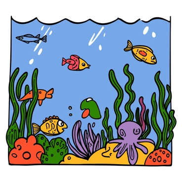A vibrant underwater scene filled with various unusual aquatic creatures and an array of colorful plants. The water is a clear blue, with sunlight filtering down from the surface, creating dancing light patterns on the ocean floor. There are several exotic fish with bright hues swimming playfully among the coral reefs. Uncommon sea creatures like a deep-sea jellyfish pulsate with luminescent colors, while a curious octopus with intricate patterns explores its surroundings. The plants sway gently with the currents, displaying vivid greens, purples, and reds, enhancing the lively atmosphere of the underwater landscape.