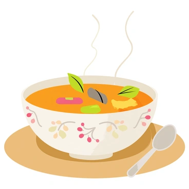 A steaming bowl of soup rests on a wooden table. The bowl is crafted from delicate white ceramic, featuring intricate floral patterns in soft pastel colors. The soup inside is a vibrant orange, filled with chunks of vegetables and garnished with fresh green herbs. A few wisps of steam rise gracefully from the surface of the soup, adding warmth to the scene. A small spoon sits beside the bowl, slightly tarnished, inviting the viewer to enjoy the comforting meal.