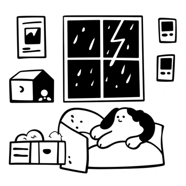 A sad dog hiding in a cozy corner during a stormy night, as lightning flashes outside