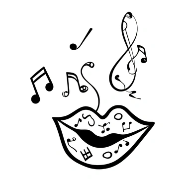 "Musical notes flowing from a melody" are depicted as swirling around a pair of "lips adorned" with intricate patterns. The musical notes vary in size, creating a dynamic effect as they drift into the air. Each note is distinct, and the background features a gently curved staff that supports the flowing melody, enhancing the sense of rhythm and movement in the illustration.