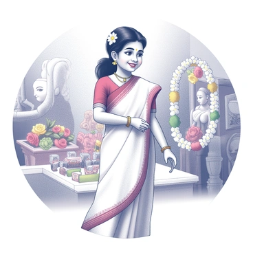 A Bengali girl dressed in a traditionally draped white saree with red borders is participating in Durga Puja festivities. Her hair is styled neatly, adorned with jasmine flowers. She is smiling as she engages with others around her. The background features ornate decorations, including intricate sculptures and colorful garlands. There are vibrant flower arrangements and artistic motifs enhancing the celebratory atmosphere. The scene captures the lively essence of the festival, filled with joy and cultural richness.