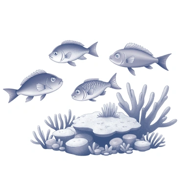 Five fish of different species swimming closely together in a lively coral reef. Each fish has distinct shapes and patterns, with a variety of fins and body structures. The coral reef is composed of intricate formations, with branching corals and textured surfaces. Surrounding the fish, there are numerous small crevices and marine plants, adding depth and detail to the underwater scene.