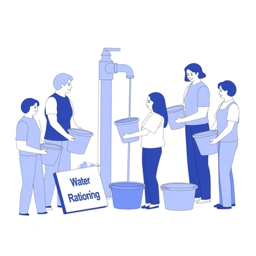 A family is gathered around a single tap in an outdoor setting. The tap is mounted on a pole, and water flows steadily from it. Each family member holds a bucket, carefully positioned to catch the water. The buckets vary in size and material, some are plastic while others are metal. In the background, there is a clear view of a dry landscape with parched earth. Prominently displayed near the tap is a sign that reads "Water Rationing," clearly emphasizing the situation. The family appears focused as they fill their buckets, highlighting the importance of each drop.