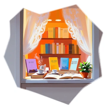 A quaint bookstore window display showcasing an array of books dedicated to the Missouri Compromise. The display features several vintage-style hardcovers and paperbacks, each with unique covers and titles prominently visible. The books are arranged neatly on rustic wooden shelves, surrounded by small decorative elements such as reading glasses, a steaming cup of coffee, and a small potted plant. Soft, warm lighting enhances the inviting atmosphere of the display, drawing attention to the intricate details of the book covers and the charm of the bookstore setting. The window itself has a delicate lace curtain draping elegantly, adding to the cozy ambiance of the scene.