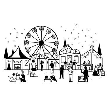 A winter fairground scene filled with activity. A large Ferris wheel stands prominently, its structure intricate and detailed. Surrounding the Ferris wheel are numerous booths adorned with strings of "festive lights" that hang overhead, illuminating the area. Snowflakes gently fall from the sky, creating a wintry atmosphere. People are gathered around, some enjoying warm drinks, while others are engaging in various games and attractions. The ground is covered with a layer of snow, and a few children are seen playing nearby. A backdrop of tall trees, also dusted with snow, frames the scene.