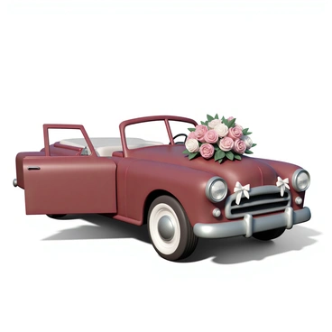 A vintage car, painted a glossy shade of deep red, is parked with its doors open, ready for departure. The car's classic design features rounded edges, chrome details, and whitewall tires. It is adorned with elegant white ribbons tied in bows around the side mirrors and a bouquet of vibrant, fresh flowers placed prominently on the hood. The flowers include roses in shades of pink and white, alongside delicate greenery. Sunlight glints off the polished surface of the car, enhancing its charming vintage appeal.