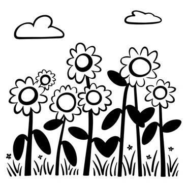 A sunny field filled with towering sunflowers, each with a large, round center and long green leaves extending from thick stems. The sunflowers are swaying gently in the breeze, creating a dynamic movement throughout the field. In the foreground, there are patches of grass interspersed with smaller wildflowers. The sky above is clear with a few wispy clouds scattered across. The overall scene conveys a sense of abundance and vitality in nature.