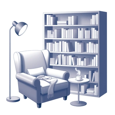 A cozy reading nook featuring a soft armchair with plush cushions set against a wall. There is a large shelf overflowing with various books, arranged neatly with some stacked horizontally and others standing upright. A small side table sits next to the armchair, holding a steaming cup and a pair of reading glasses. A warm throw blanket is draped over the armchair, inviting someone to settle in and read. The nook is well-lit by a stylish floor lamp that casts a gentle light over the reading space.
